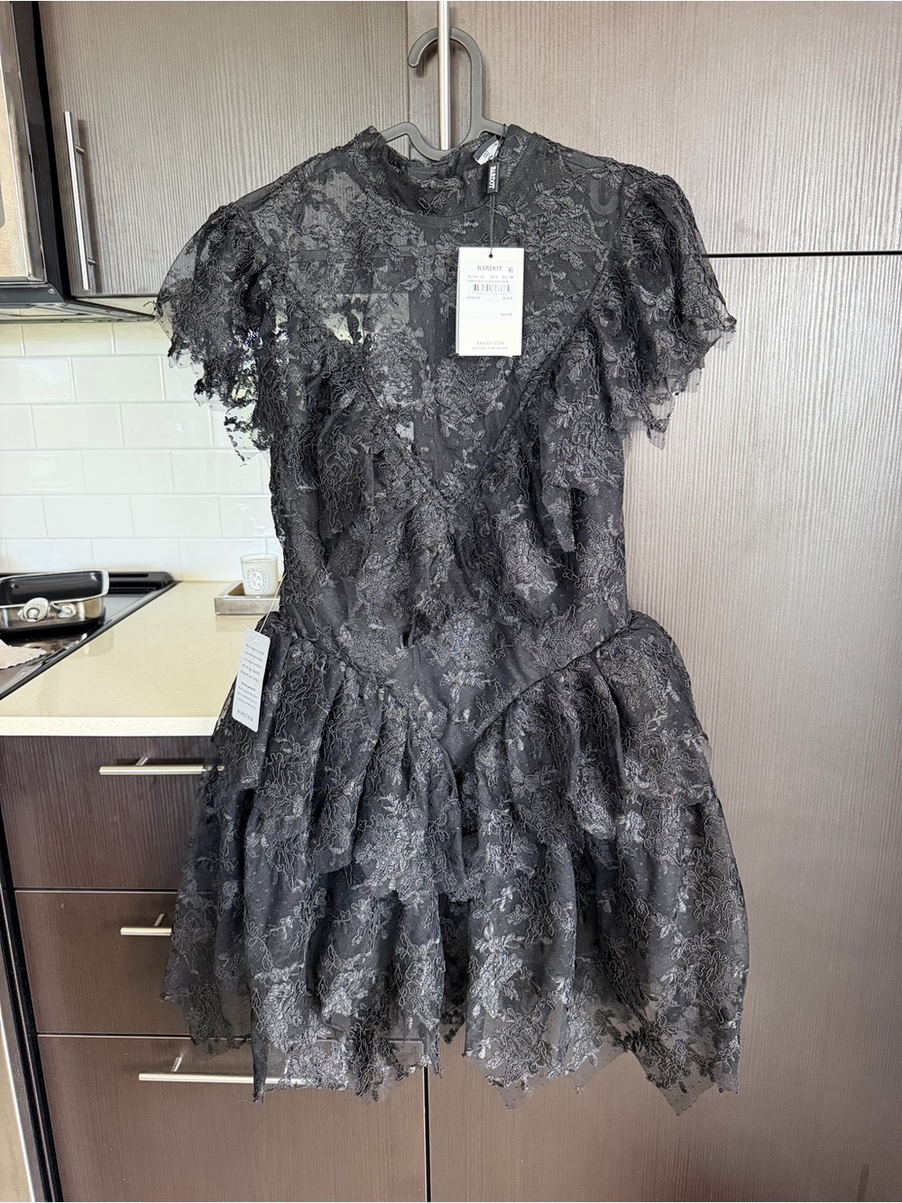 Lace Tiered Short Dress in Black